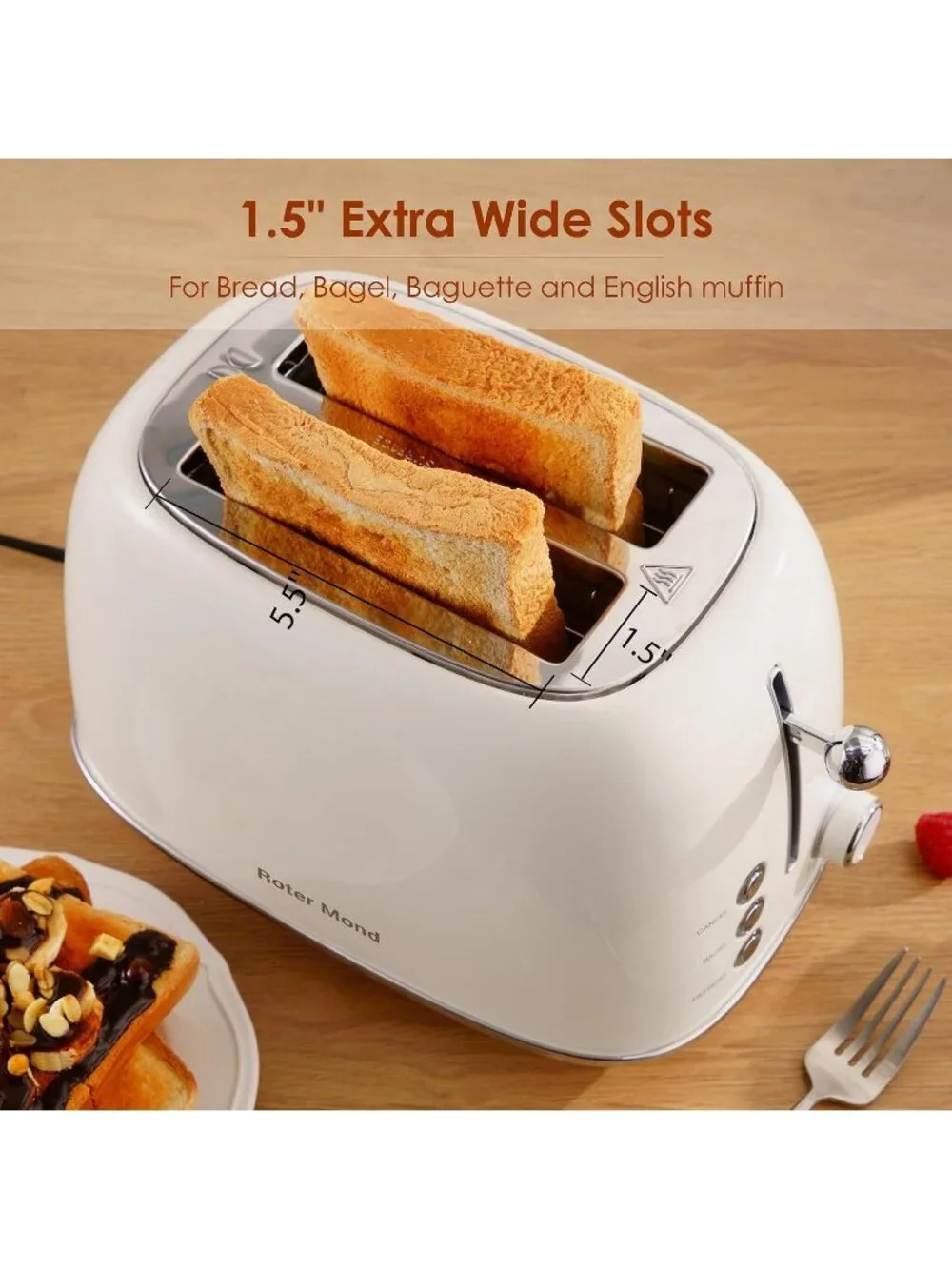 2 Slice Cream Retro Stainless Steel with Bagel Defrost Functions Tray Toaster